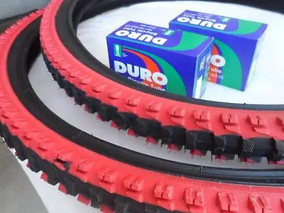 26x2.10 Black Red Bicycle Knobby Tires + Tubes Mountain Bike 26  NEW 26x2.10 • $38.99