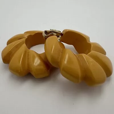 Vintage Deeply Carved Butterscotch Bakelite Hoop Earrings • $9.99