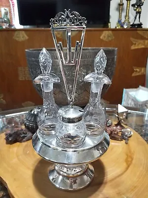 Vintage 1920s Silverplate Cut Etched Glass Cruet Set. Missing One • $54.99