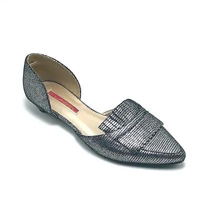 C LABEL Womens Sz 7 Kilt Pointy Toe D'Orsay Flat Silver Textured Slip On Shoe • $29