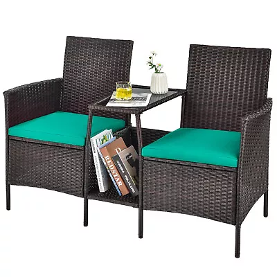 Patio Rattan Wicker Conversation Set Sofa Cushioned Loveseat Glass Table • $109.95