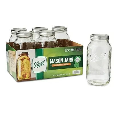 Wide Mouth 64oz Half Gallon Mason Jars With Lids & Bands 6 Count • $15.44