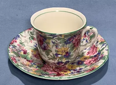 Vintage Floral Chintz Demitasse & Saucer - Midwinter Green Accent - England • $22.50