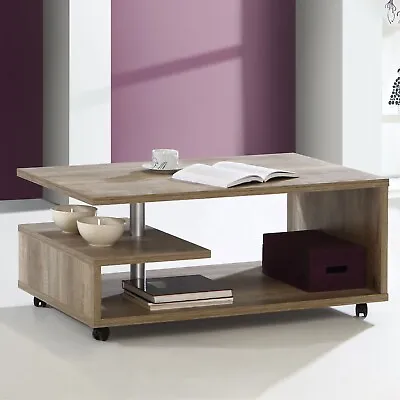 Modern Wooden Living Room Coffee Table With Storage Shelves & Wheels G Shape • £149.14
