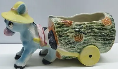 Vintage Kitsch Donkey & Cart Planter Vase Blue With Hat Log Cart VGC 16cm • $25