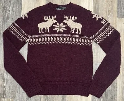 Vintage Abercrombie & Fitch 100% Wool Sweater Burgundy Moose Sz M Handknit • $34.99