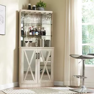 68  Tall Corner Bar Cabinet With Wine Rack Glass Liquor Shelves Large Coffe... • $350.03