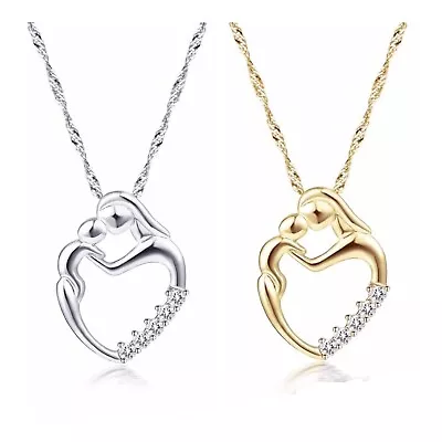 Mother’s Day Gift Mother Mom Child Baby Heart Pendant Necklace CZ Gold SilverN57 • $10.99