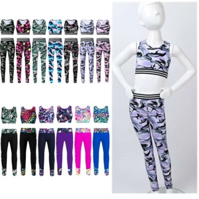 Kids Girls Gymnastics Tracksuits Bra Crop Tops+Leggings Sets Training Workout • £17.39