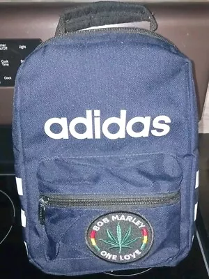 SMALL Adidas Backpack Blue Logo White STRIPES 10 ×8 ×5 +ADDED BOB MARLEY PATCH • $15