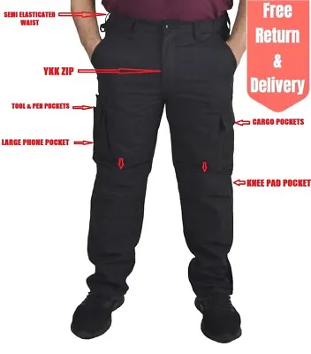 Mens Cargo Work Trousers Knee Pad Pockets Black Heavy Duty Safety Combat Pants  • £19.99