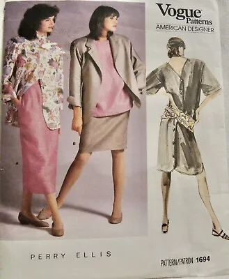 1980's Vtg Vogue Pattern 1694 Designer Perry Ellis Jacket Dress Top Skirt Sz 10 • $9.99