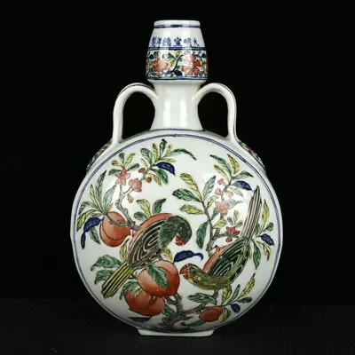 12.4  Antique Ming Dynasty Porcelain Xuande Mark Wucai Flowers Bird Fruits Vase • £262.88