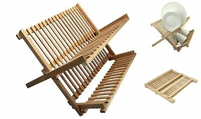£13.99 • Buy Bamboo Foldable Kitchen Dish Drainer Folding Wooden Plate Cups Drying Rack