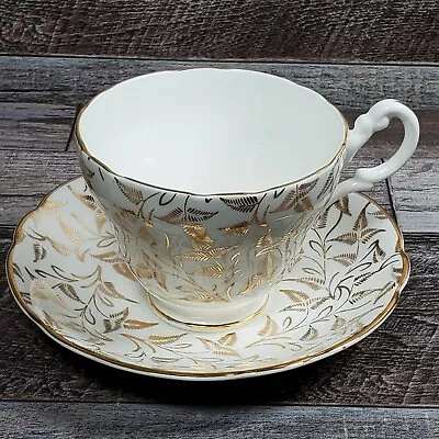 English Castle Bone China Coffee Teacup  Saucer Metallic Gold Leaves On White • $8.99