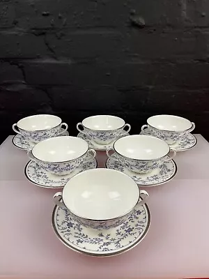 6 X Royal Doulton Sapphire Blossom H5066 Soup Coupes Bowls & Stands Saucers Set • £69.99