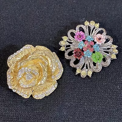 Two Vintage Looking Floral Brooches Brightly Coloured Lots Of Bling And Shine • $22