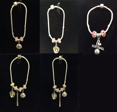 $8 • Buy Silver Plated Bracelet W/ Softball Glove Bat Ball Charm & Crystal Beads Baseball
