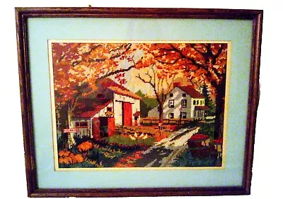 Beautiful Vintage Autumn Country Scene Farmhouse Needlepoint PICTURE Art Framed  • $59.99