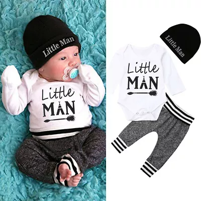 Newborn Baby Boys Outfit Set Clothes Long Sleeve Romper Tops + Long Pants + Hat • $16.79