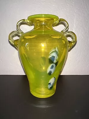 Hand Blown Art Glass Applied Handled Vase Vaseline Yellow Pulled Design 6.75  • $52