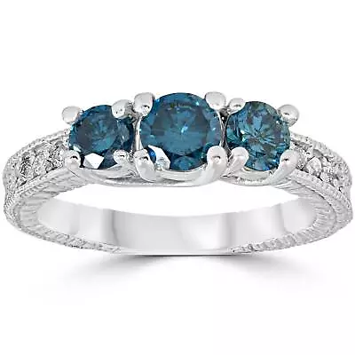 1 Carat Blue Diamond Vintage 3 Stone Engagement Ring 10K White Gold • $550.39
