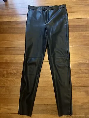 Zara Black Faux Leather Trousers Size S Skinny Slim Pants Leggings Ankle Zip • £7