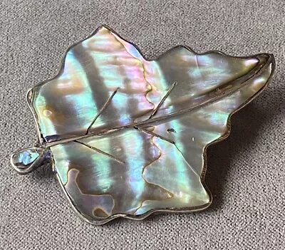 Vintage Signed MR Mexico 925 Sterling Silver Abalone Shell Maple Leaf Brooch Pin • $17.50