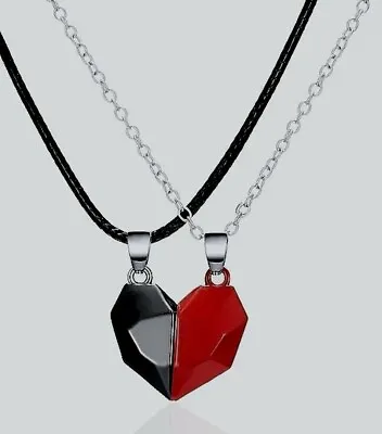 2 Parts Couples Magnetic Attraction Red Black Heart Necklaces Valentine's Gift • £6.99