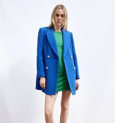 Zara Bloggers Fav Textured Blue Blazer Coat  With Rhinestones Buttons M/10 BNWT • £55.90