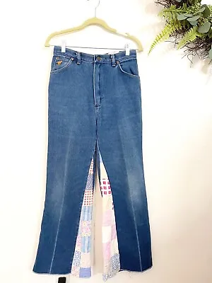 Vintage Patchwork Flare Jeans Size 28 Made In USA Blue 70s Wrangler Diy 90s Bojo • $44