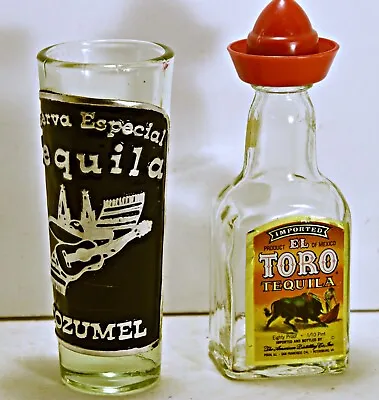 Vintage Miniature El Toro Tequilla Bottle-Empty Cozumel Souvenir Shot Glass • $13.46