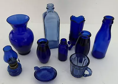 Lot Of 10 Vintage Cobalt Blue Items (Vases Bottles Hen-On-Nest Etc.) • $34.95