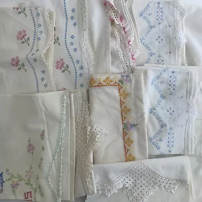 Vintage Embroidered Floral Birds Pillowcases Granny Core Lot Of 9 Cutters Crafts • $35.42