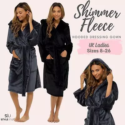 Womens Ladies Dressing Gown Shimmer Fleece Super Soft Plush Velvet Hooded Robe • £23.99