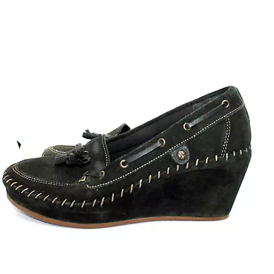 Soul Of Africa Black Suede Moccasin Wedge Heels Sz 8M US • $25