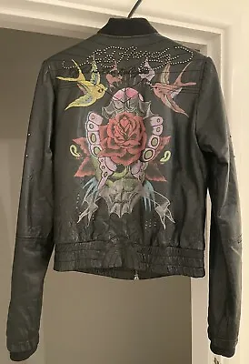 Ed Hardy Christian Audigier Vintage Black Leather Biker Jacket Tattoo Design • $185.26