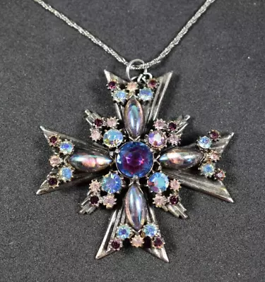 Vintage FLORENZA Maltese Cross Pendant Necklace Brutalist  Purple Blue Statement • $21.50