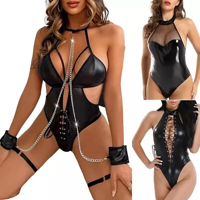 £3.29 • Buy Sexy Lingerie Women Faux Leather Shiny Wet Look Bodysuit Underwear Sleepwear New