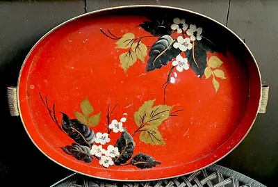 Vintage Asian Style Metal Hand Painted Serving Tray With Handles • $29.95