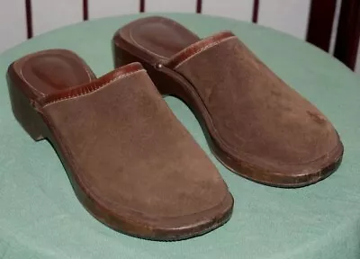 J Crew Women's Brown Suede Leather Slip On Mule Shoe Wooden Heels Size 6 • $12.50