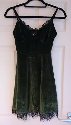 Gothic Green Velvet Mini Dress With Lace Trim And Moon Charm UK Size 6-8 New • £18.50