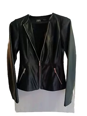  Zara Jacket SZ Small (S) Women's Black Zip-Up Collarless Faux Leather Blazer • $21