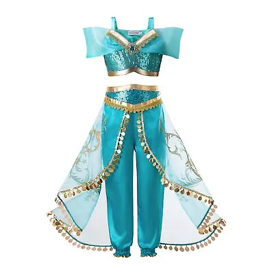 Kids Princess Jasmine Outfits Girls Aladdin Costume Sequin Party Fancy Dresses • £7.99