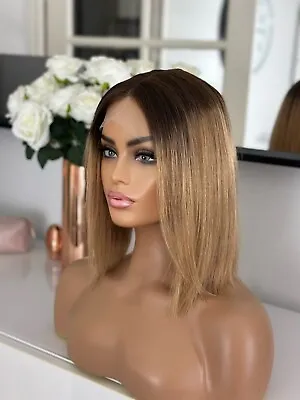 Honey Blonde Spice Ombre Sombre Roots Lace Long Bob 12” 100%  Human Hair Wig • £149.99