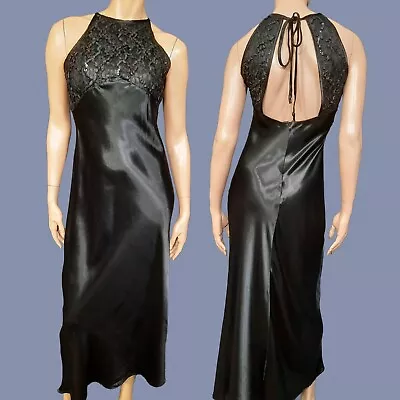 Vintage 80s Black Satin Art Deco Dress Womens S Sleeveless Full Length Evening • $80.95