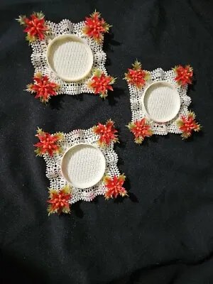 3 Poinsettia Holly Candle Rings Pillar Holder Vintage Christmas  • $18