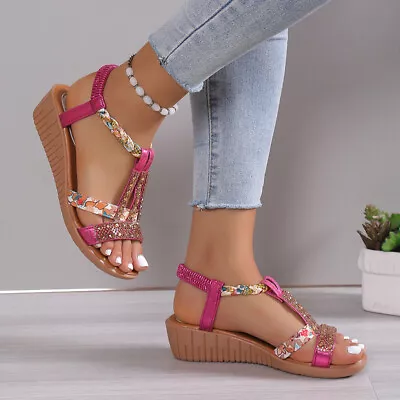 Womens Strappy Low Wedge Sandals Casual Holiday Summer Comfy Ladies Shoes Size • £11.99