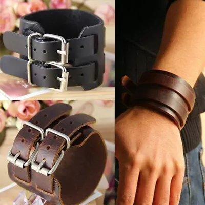 Men's Wide Leather Belt Strap Buckle Adjustable Cuff Bangle Wristband Bracelet • $7.89