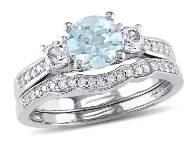 1.00 Ctw Aquamarine & Lab-Created White Engagement Ring Wedding Set 10K Gold • $549